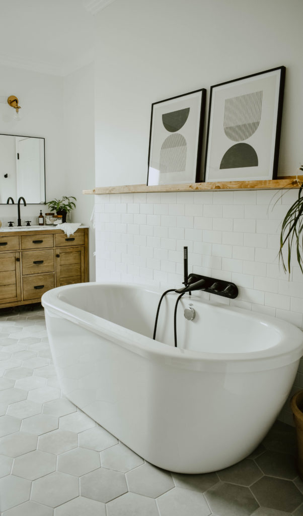 bathroom remodel, white bathroom, white subway tile wall, matte black